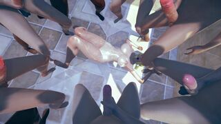 Milf blonde Tsunade Extreme bukkake in Bathroom