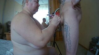 fingering my cock and cum on her big tits