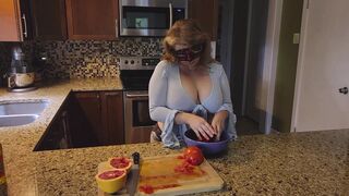 Slicing and crushing Food and RUBBING it into MY BIG MILF BOOBS