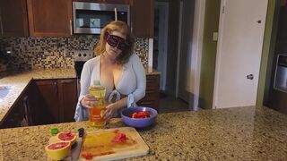 Slicing and crushing Food and RUBBING it into MY BIG MILF BOOBS