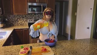 Slicing and crushing Food and RUBBING it into MY BIG MILF BOOBS