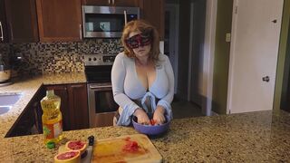 Slicing and crushing Food and RUBBING it into MY BIG MILF BOOBS