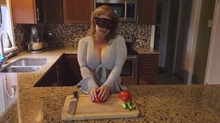 Slicing and crushing Food and RUBBING it into MY BIG MILF BOOBS