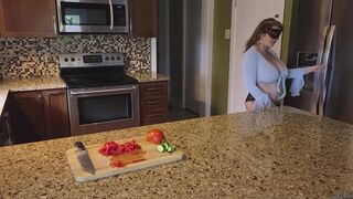 Slicing and crushing Food and RUBBING it into MY BIG MILF BOOBS