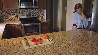 Slicing and crushing Food and RUBBING it into MY BIG MILF BOOBS