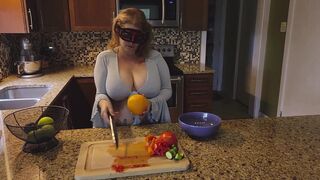 Slicing and crushing Food and RUBBING it into MY BIG MILF BOOBS