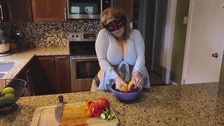Slicing and crushing Food and RUBBING it into MY BIG MILF BOOBS