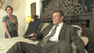 Busty slut goes to horny stud's room to suck his tool