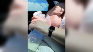 Pumping my Big Milk Tits Empty in the Car