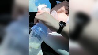 Pumping my Big Milk Tits Empty in the Car