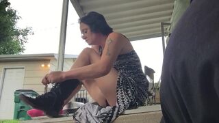 Brunette MILF Puts on Combat Boots with Dress - 7 image