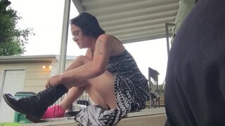 Brunette MILF Puts on Combat Boots with Dress - 8 image