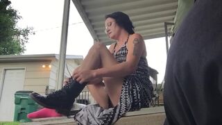 Brunette MILF Puts on Combat Boots with Dress - 9 image