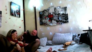 In Bed with a Mature Russian Slutty Bitch, Sucking two Dicks, Close-up Sex