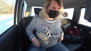 A Chubby MILF Rides in a Car and Shows Big Boobs, Hairy Pussy on a Webcam.