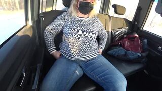 A Chubby MILF Rides in a Car and Shows Big Boobs, Hairy Pussy on a Webcam.