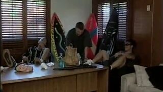 Naughty blonde takes it from behind while giving a blow job