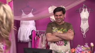 While searching for wedding dresses the two milfs with big boobs initiate a threesome with the employee