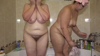 mature lesbians in the bathroom a chubby milf with big tits washes a fat girlfriend with a juicy pawg homemade fetish