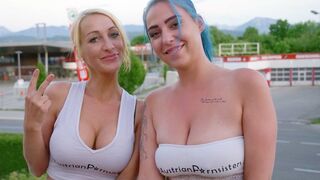 2 breasty non-professional models give a sex toy show