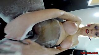 Redheaded Sluts Showers With Her Nylons On As She Rubs Her Twat