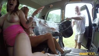 Fake Taxi Real Outdoor Rough Sex Threesome with British MILFS