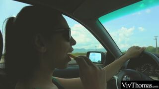 voluptuous lesbian picks up sexy hitch hiker and plays with her