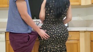 Big Ass Stepmom Fucks her Stepson in the Kitchen after seeing his Big Boner