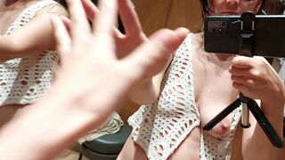 Sexy brunette with pussy trying on clothes. Hairy pussy, big hairy breasts, big nipples. Sexy mom massages ass. Hairy