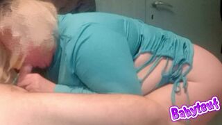 My wife sucks me, masturbates and swallows my cum in her green dress