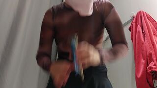 Amateur wife trying on clothes. hairy pussy, sexy brunette, big ass, sexy clothes, panties, socks, shorts, pantyhose