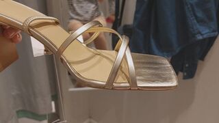 Sexy brunette tries on clothes in fitting room. I'm looking at a hairy mom, hairy pussy, big tits, big ass.