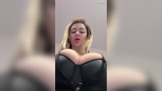 Big natural tits bursting out elastic leather - 5 image