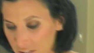 Hawt cock engulfing black haired wench likes facial load after getting drilled