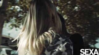 Hawt lesbian babes grab every other's large natural titties and moist wet cracks