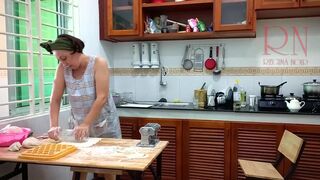 Ravioli Time! Undressed Cooking. Regina Noir, a nudist cook at nudist hotel resort. Bare maid. Undressed housewife. Camera 1