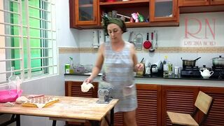 Ravioli Time! Undressed Cooking. Regina Noir, a nudist cook at nudist hotel resort. Bare maid. Undressed housewife. Camera 1