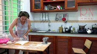 Ravioli Time! Undressed Cooking. Regina Noir, a nudist cook at nudist hotel resort. Bare maid. Undressed housewife. Camera 1