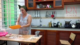 Ravioli Time! Undressed Cooking. Regina Noir, a nudist cook at nudist hotel resort. Bare maid. Undressed housewife. Camera 1