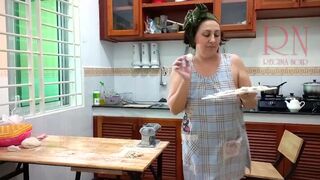 Ravioli Time! Nude Cooking. Regina Noir, a nudist cook at nudist hotel resort. Stripped maid. Bare hou