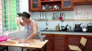 Ravioli Time! Nude Cooking. Regina Noir, a nudist cook at nudist hotel resort. Stripped maid. Bare hou