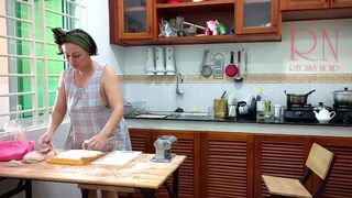 Ravioli Time! Nude Cooking. Regina Noir, a nudist cook at nudist hotel resort. Stripped maid. Bare hou