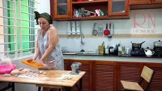 Ravioli Time! Nude Cooking. Regina Noir, a nudist cook at nudist hotel resort. Stripped maid. Bare hou