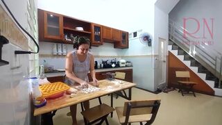 Ravioli Time! Nude Cooking. Regina Noir, a nudist cook at nudist hotel resort. Stripped maid. Bare hou