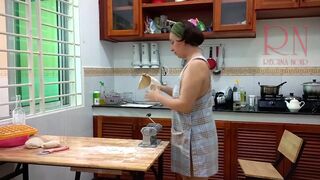 Ravioli Time! Nude Cooking. Regina Noir, a nudist cook at nudist hotel resort. Stripped maid. Bare hou