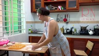 Ravioli Time! Nude Cooking. Regina Noir, a nudist cook at nudist hotel resort. Stripped maid. Bare hou