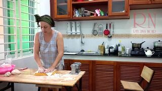 Ravioli Time! Nude Cooking. Regina Noir, a nudist cook at nudist hotel resort. Stripped maid. Bare hou