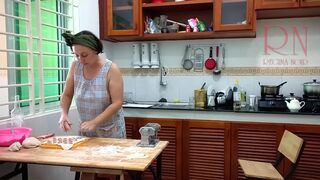 Ravioli Time! Nude Cooking. Regina Noir, a nudist cook at nudist hotel resort. Stripped maid. Bare hou