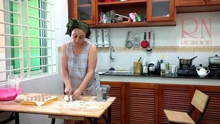 Ravioli Time! Nude Cooking. Regina Noir, a nudist cook at nudist hotel resort. Stripped maid. Bare hou