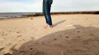 walk on the beach ends with an insertion in the cock, brunette, big ass, busty, big cock, man in underwear